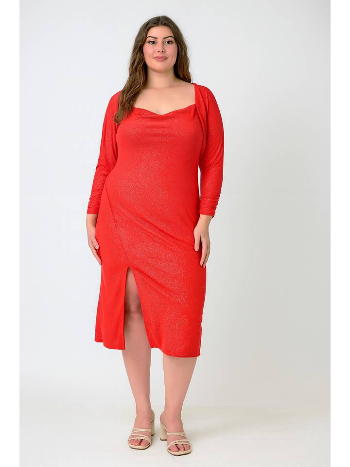 Haute Fox Plus Size & Contemporary - Wholesale Dress - Women's - Plus Size Shimmer Midi Dress with Front Slit JK18749-D1