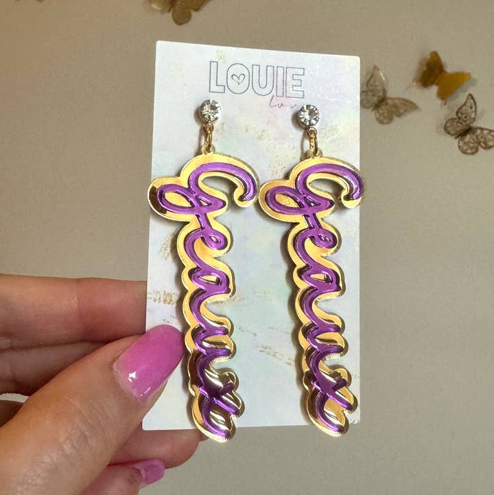 Louie Love - Wholesale Dangle Earrings - Gold Acrylic Geaux Louisiana State LSU Tigers Earrings0