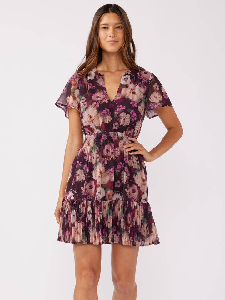 Flutter Sleeve Floral Smocked Waist Mini Dress for wholesale by Lovestitch