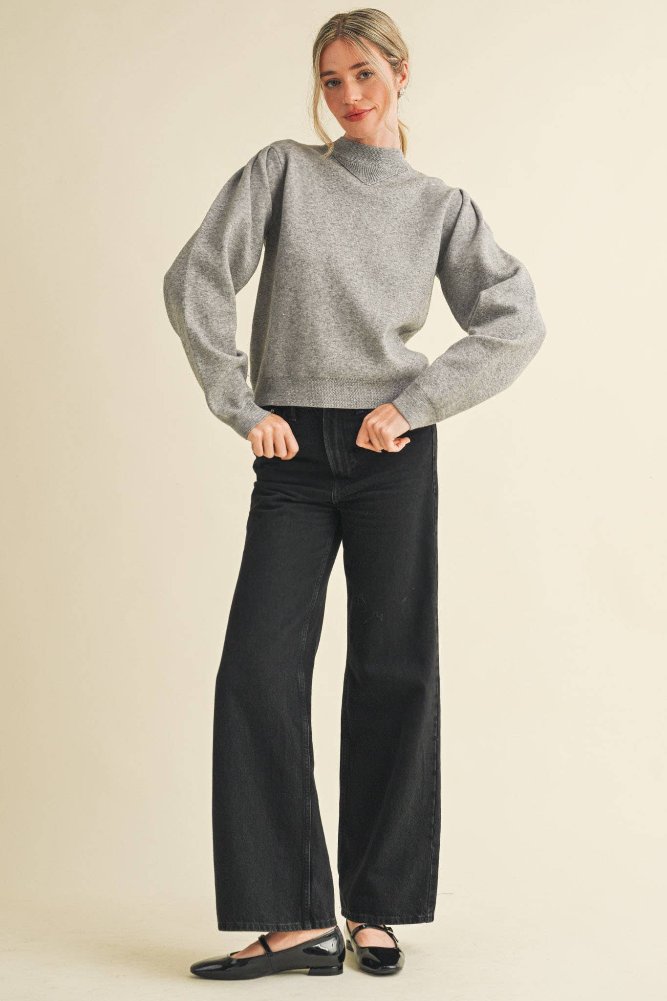 &MERCI - Wholesale Knit Sweater - Women's - MOCK NECK PUFF SLEEVE SWEATER MSW1103067