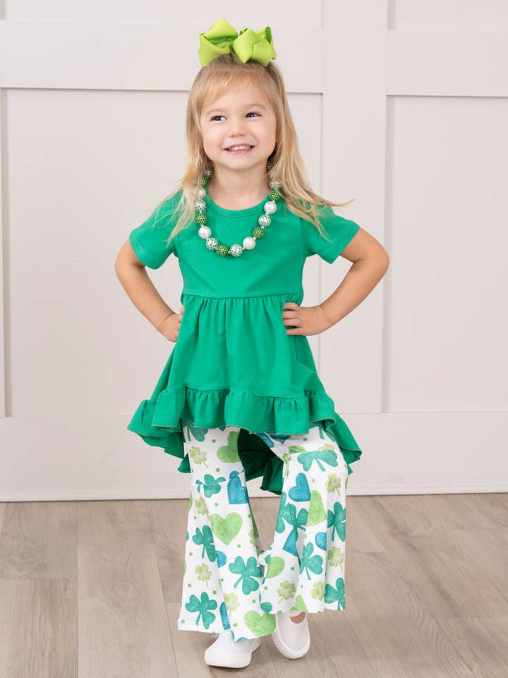 Marie Nicole Clothing - Wholesale Top & Pant Set - Kids - Green Hearts & Clovers Ruffle Outfit - Restocked!