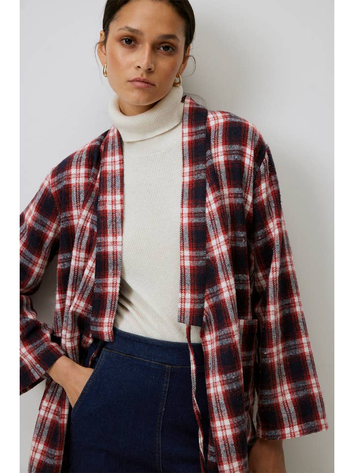 Red Plaid Cotton Blend Wrap Kimono Jacket with Tie Detail for wholesale on Faire1