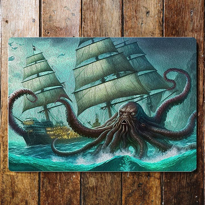 Metallschild mit Kraken-Fantasy-Monster-Piratenschiff für den Großhandel von The British Metal Signs Company