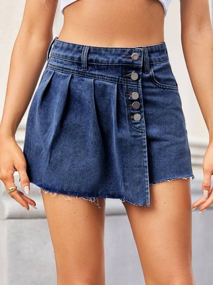 Raw Hem Denim skort for wholesale by Salty Bloom
