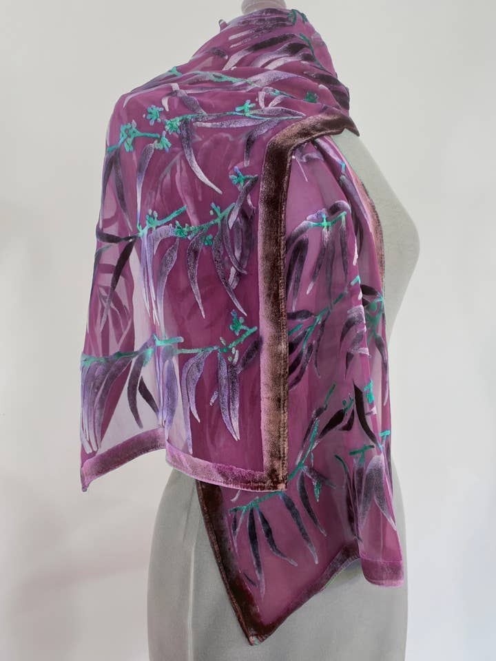 Devoré Silk-Velvet Hand Painted Eucalyptus Scarf in Mauve for wholesale by Sherit Levin Textiles