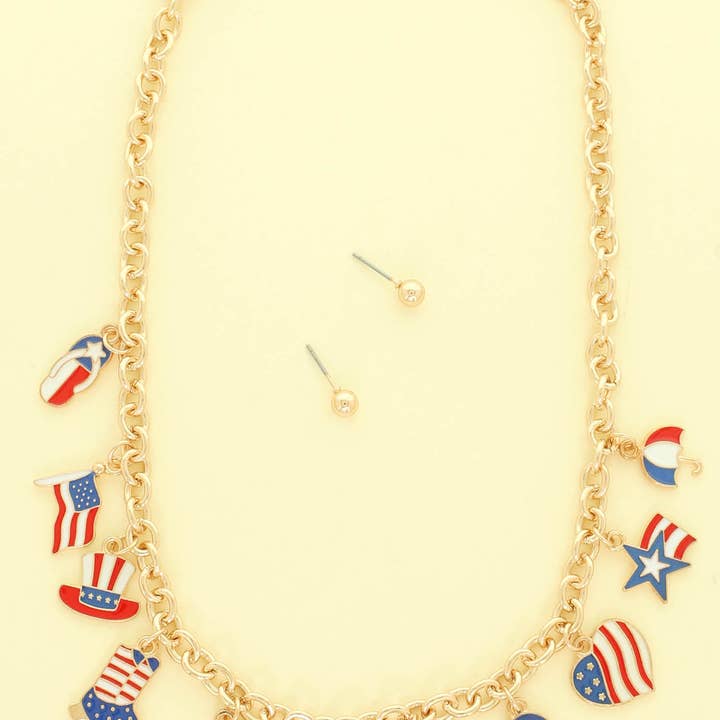 Americana Flag Theme Charm Necklace & Earring Set for wholesale by SP Sophia Collection