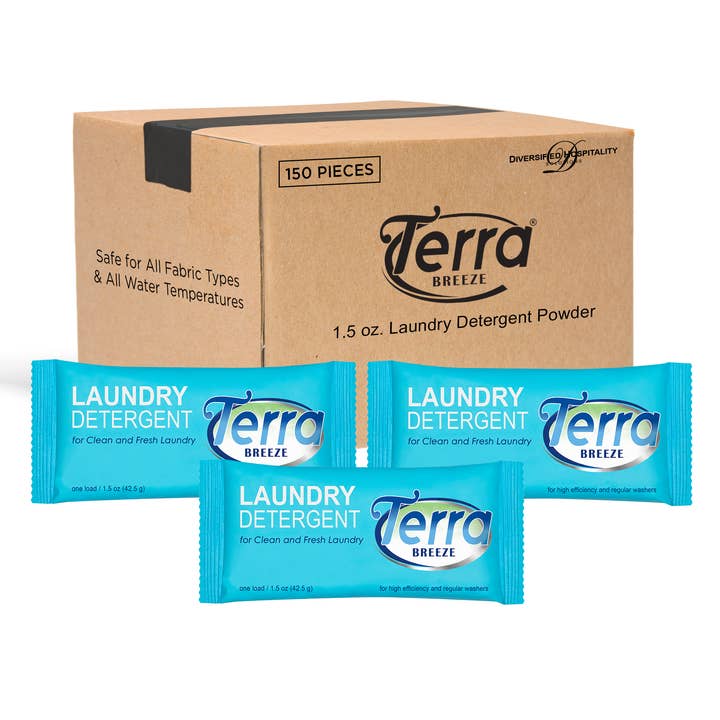 Detersivo in polvere Terra Breeze - Confezione da 1,5 oz (Scatola da 150) per la vendita all'ingrosso da parte di Diversified Hospitality Solutions