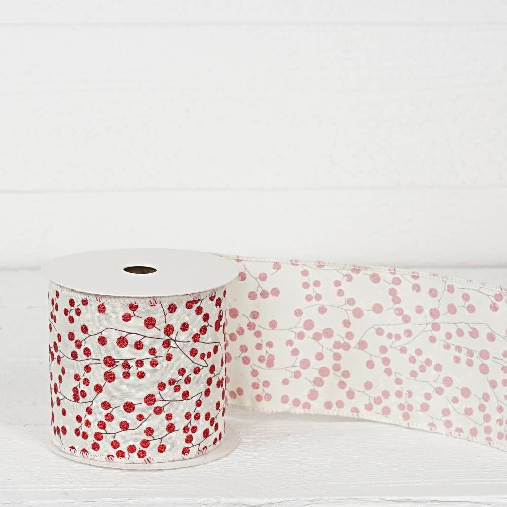 Holiday Depot Inc. - Wholesale Ribbon - Gift Wrapping - R32965-Wired Ribbon-Cream Burlap w. Red Berries (4inW)4