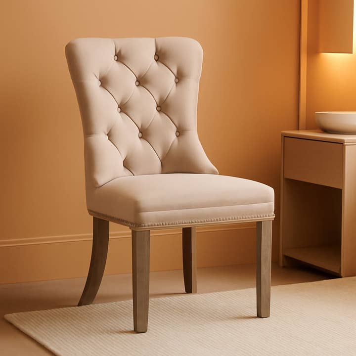Beige Velvet Tufted Dining Chairs With Nailhead Trim Set Of 6 for wholesale by ShipItFurniture