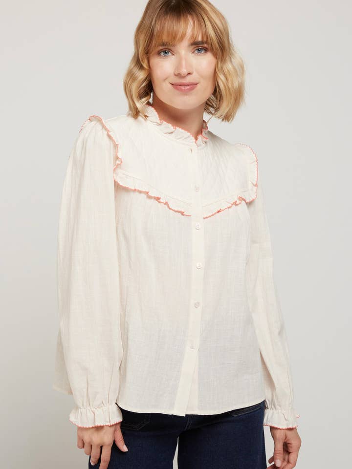 Andy & Lucy - Wholesale Blouse - Women's - FLORIE - Ecru blouse with ruffled colored edges3