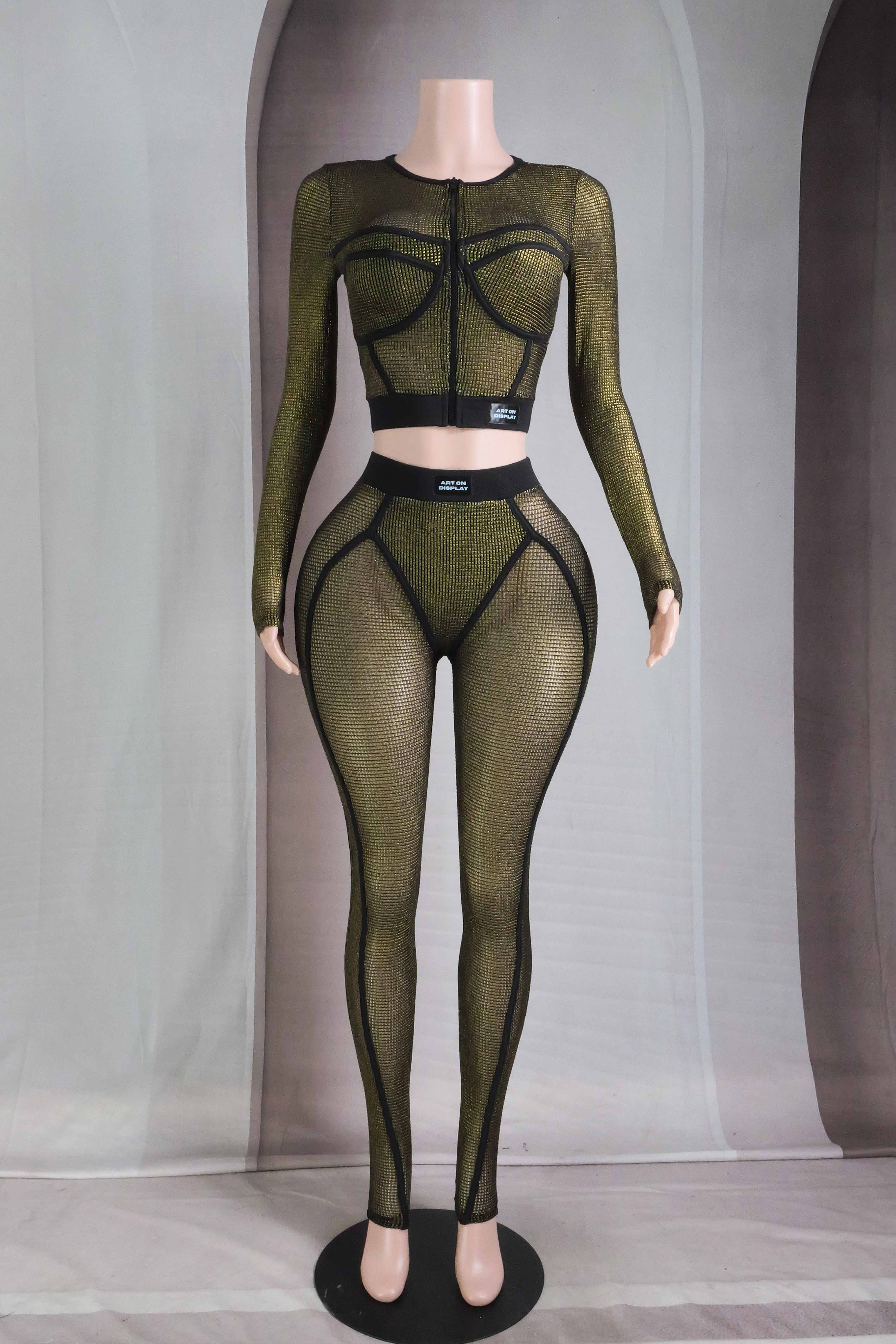 Dalia Studio - Vendita all'ingrosso Completo top e pantaloni (NON loungewear) - Donna - Set maglia a maniche lunghe e leggings in rete popcorn11