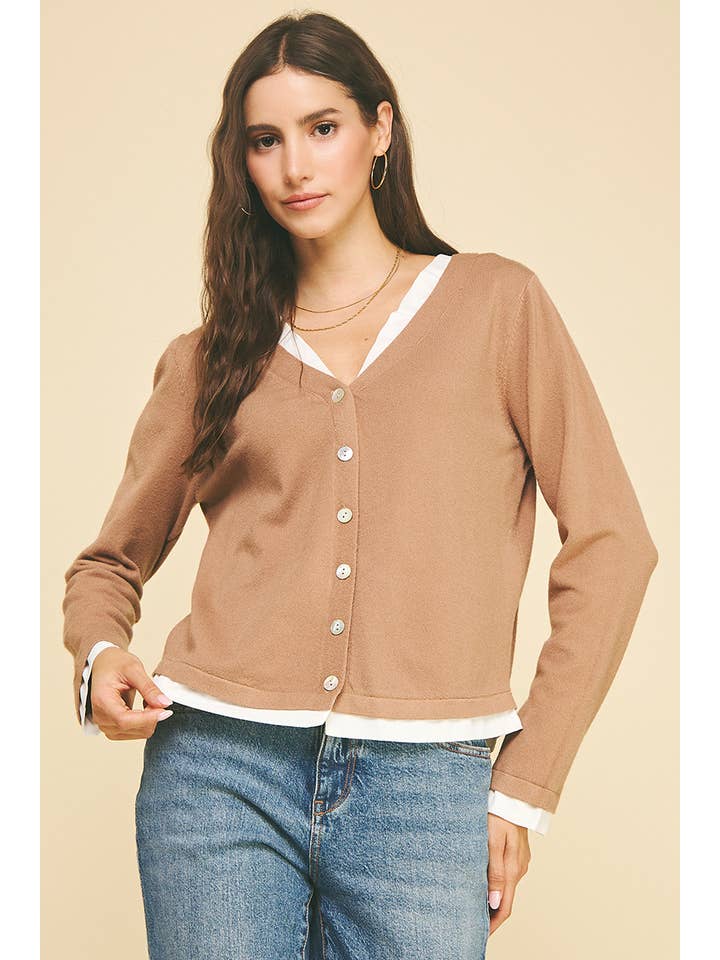 PINCH - Wholesale Knit Top - Women's - V-NECK WOVEN COMBO CARDIGAN TOP - 5831W30