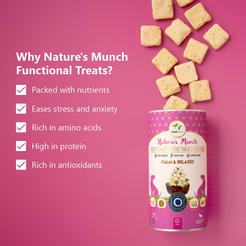 Pawfect Foods – wholesale Pet treats – Dog – Pawfect Nature's Munch Freeze-Dried cheese Calming treats for Dogs| Calm & Relaxed | 100% Natural| High Protein, Low Fat| 8 Calories per Treat| Grain-Free| Healthy Training Treat (75g/2.65oz)3