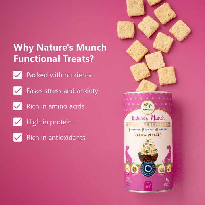 Pawfect Foods – wholesale Pet treats – Dog – Pawfect Nature's Munch Freeze-Dried cheese Calming treats for Dogs| Calm & Relaxed | 100% Natural| High Protein, Low Fat| 8 Calories per Treat| Grain-Free| Healthy Training Treat (75g/2.65oz)3