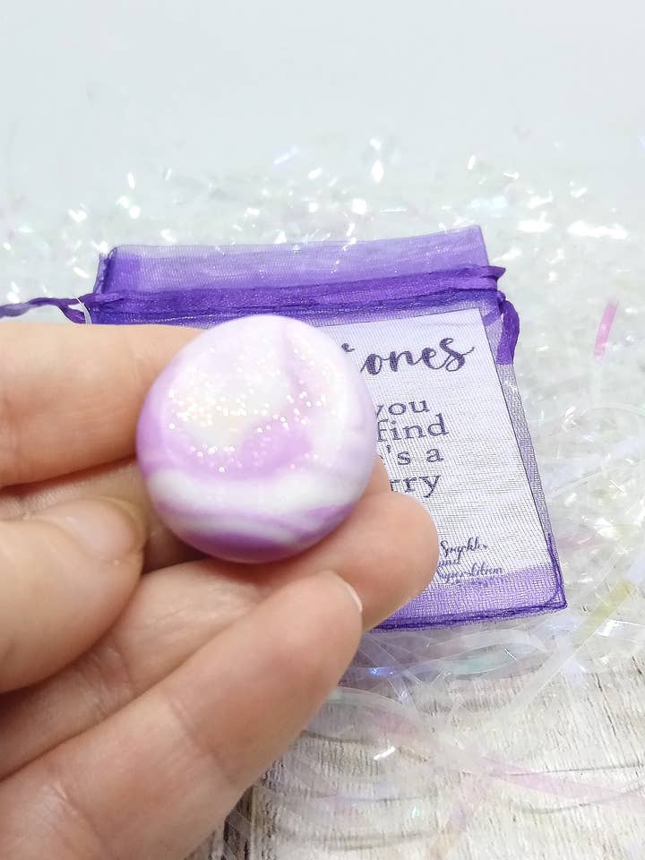 Smile Stone purple and glittered white polymer clay keepsake for wholesale by Sparkles and Superstition