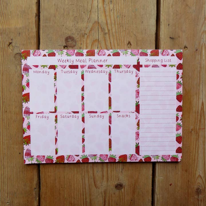 Strawberry Weekly Meal Planner and Shopping List A4 Notepad for wholesale by Kathryn Churn Designs