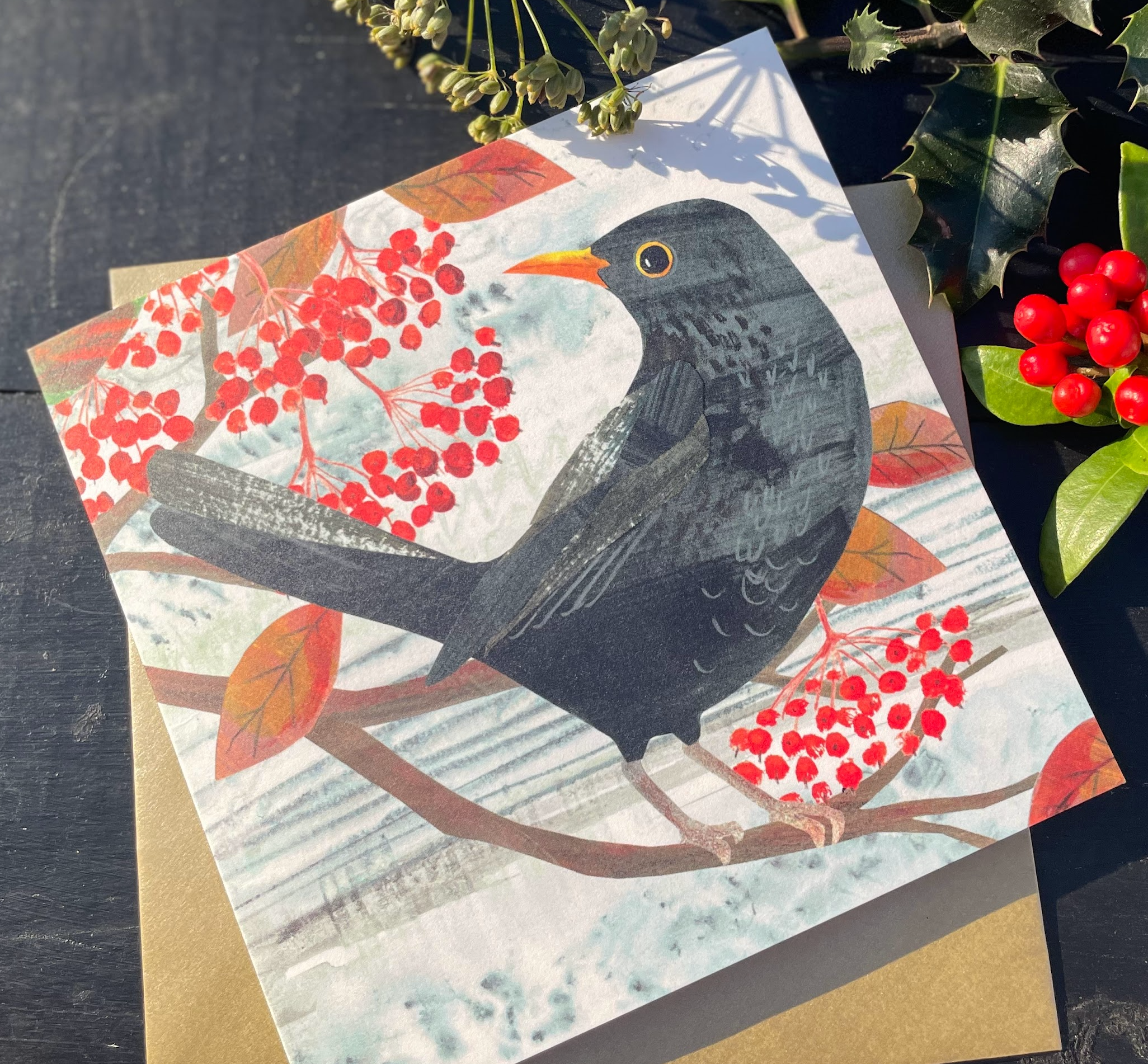 Kate Read Illustration - Wholesale Christmas Card - Blackbird in the Snow Blank Christmas Greetings Card6