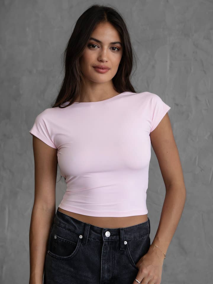 KENDALL Elevated High Neck Open Back Fitted Cap Sleeve Top for wholesale by TICTOC