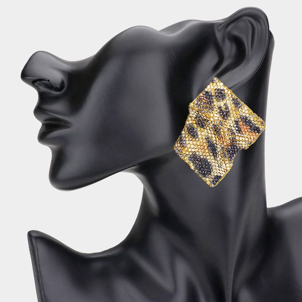 Sensibling Corp. - Wholesale Dangle Earrings - Bling Studded Leopard Pattern Abstract Plate Earrings2