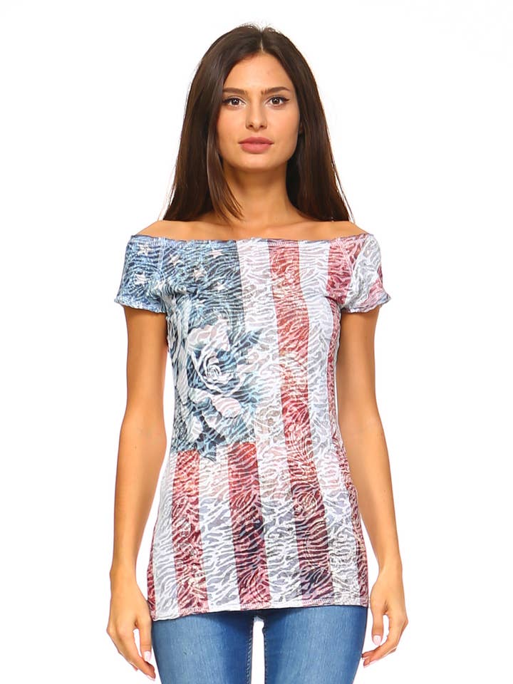 White Boat neck Rose accent American Flag Burnout tee for wholesale by Urban X Apparel