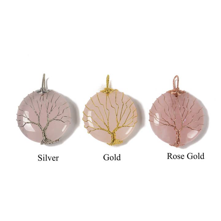 Rose Quartz Tree Pendant Silver Rose Gold Wire Wrap Round 35mm Sold per Piece for wholesale by CRCBEADS
