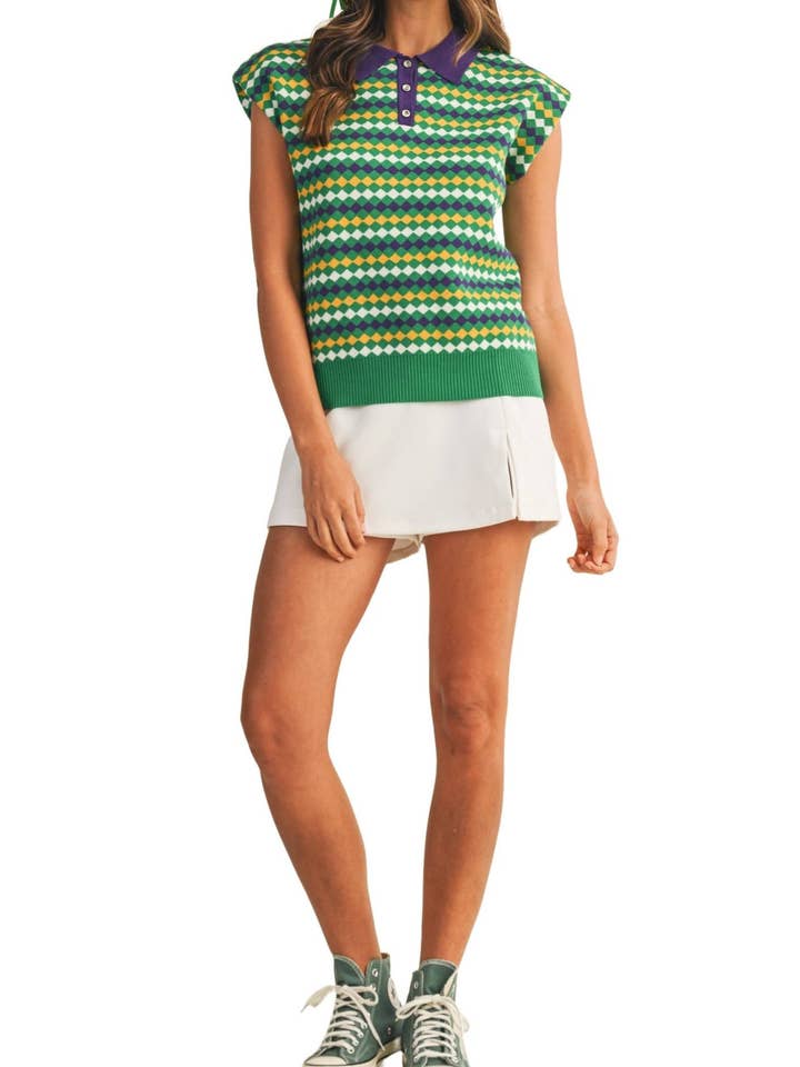 Mardi Gras Diamond Jacquard Power Shoulder Sweater for engroshandel hos Vanilla Monkey