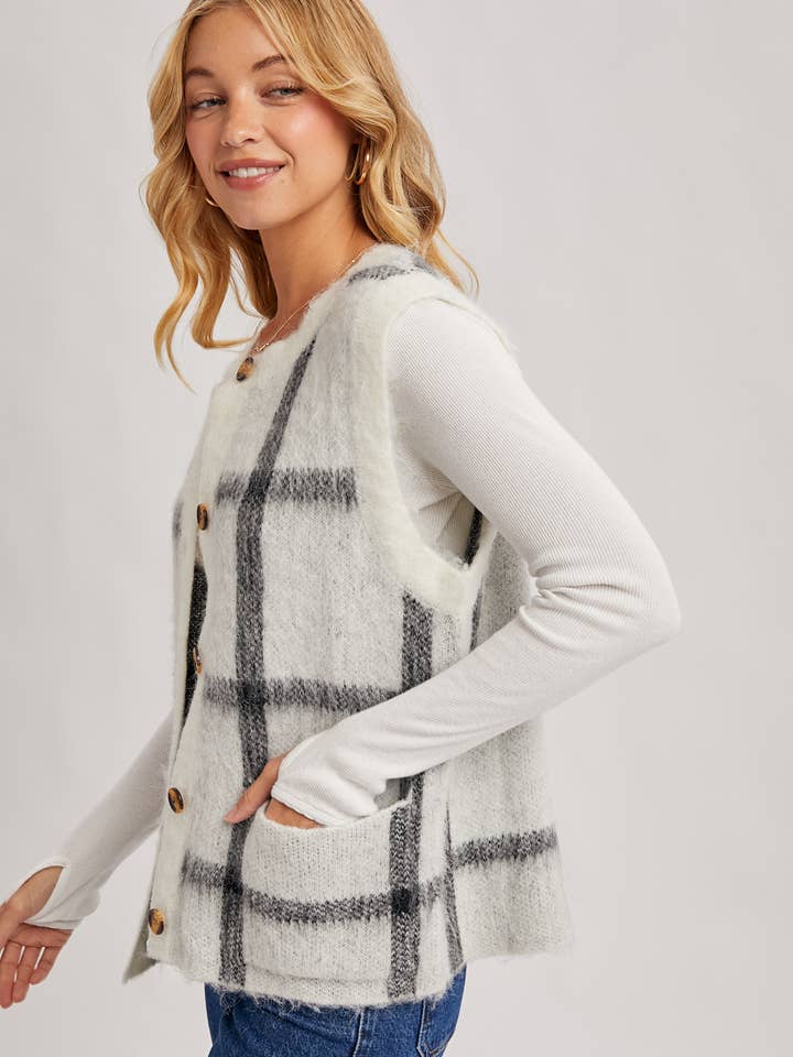 Bluivy - Wholesale Sleeveless sweatshirts – Women′s - BUTTON DOWN PLAID FUZZY KNIT SWEATER VEST12