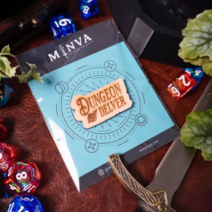 Minva Tabletop Design Co - Wholesale Lapel Pin/Button - Dungeon Delver Wooden Pin