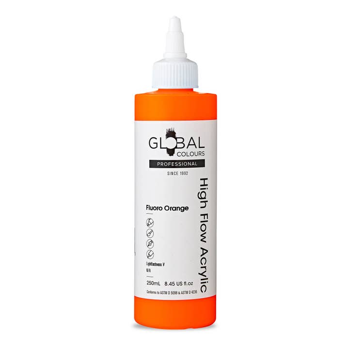 Fluoro Orange - 250ml Professional High Flow Acrylic for wholesale by Global Colours - Acrylic Artists Paint