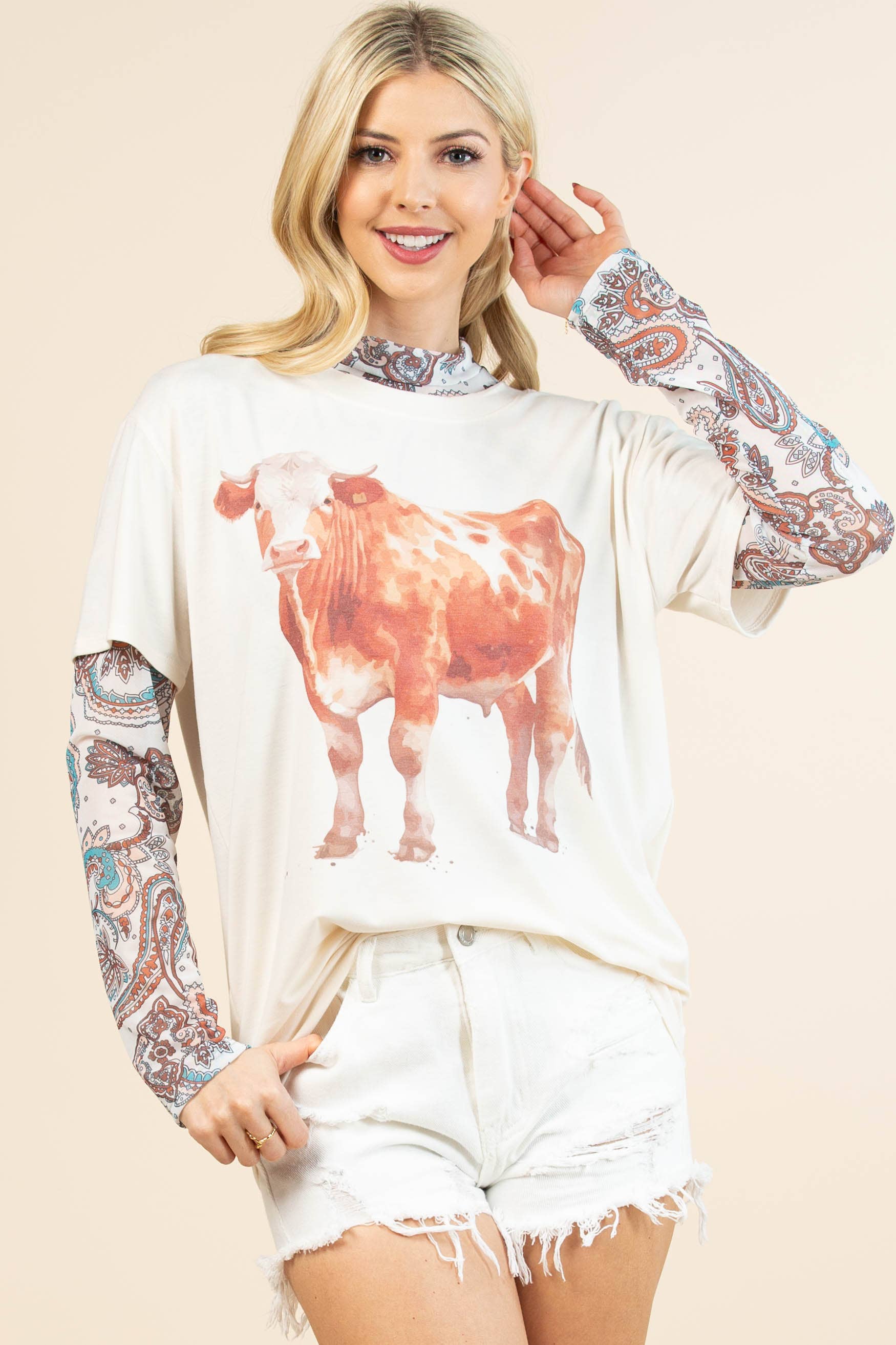 Vanilje/Khaki AV1205-LOREN KO GRAFISK KORTÆRMET T-SHIRT for engroshandel på Faire10