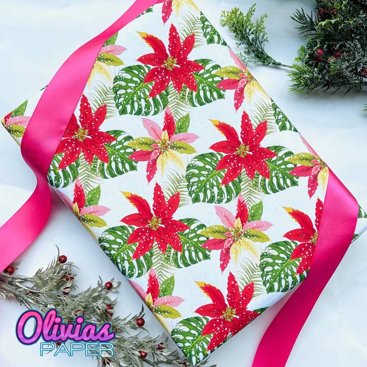 Emballage cadeau de Noël en forme de poinsettia rose pour la vente par Olivias Paper