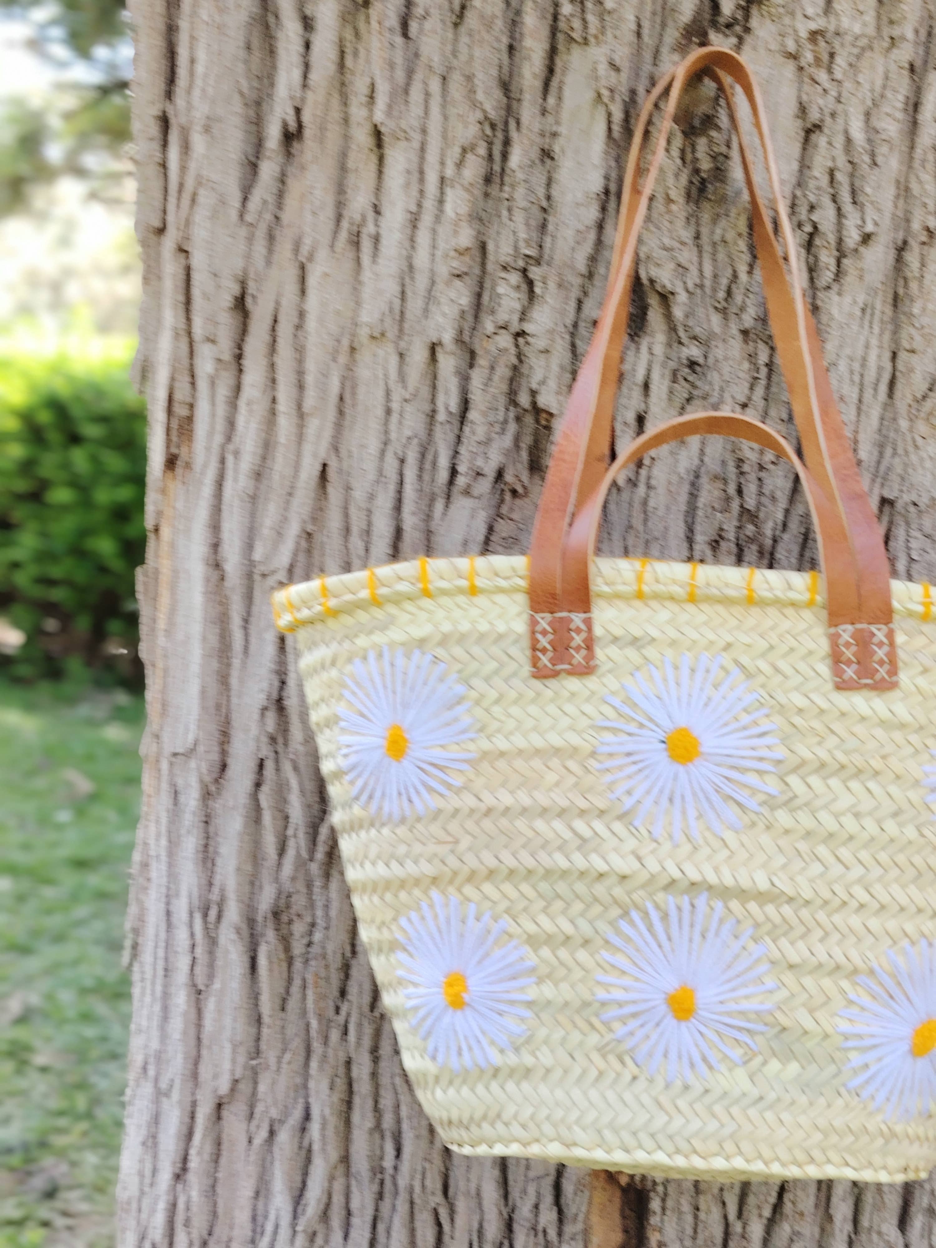 Twins Basket - Vente Sac de plage - Panier de marché en paille tressée à la main avec marguerites brodées9