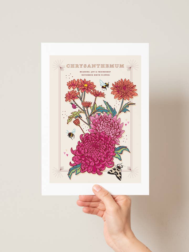 Chrysanthemum Birth Flower Wall Art Print A4 Unframed for wholesale by Angie Spurgeon Illustration and Design