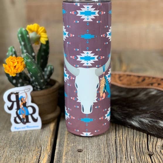 Ropes and Rhinestones - Wholesale Insulated mug/tumbler - Feather Cow Skull & Aztec Tumbler Wholesale