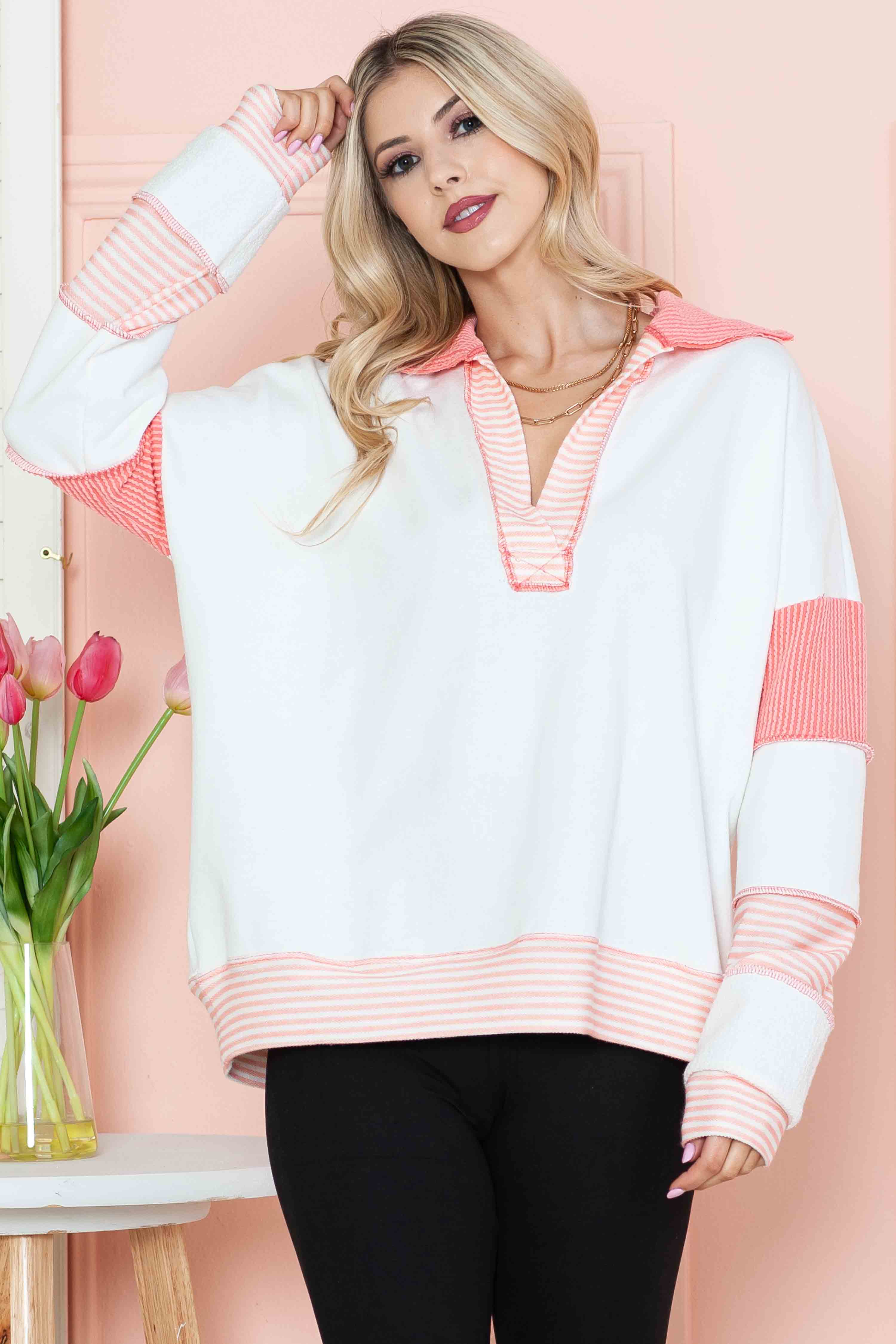 Burgundy Apparel - Wholesale Knit Top - Women's - SOLID LOOSE FIT TOP WITH STRIPE CONTRAST9