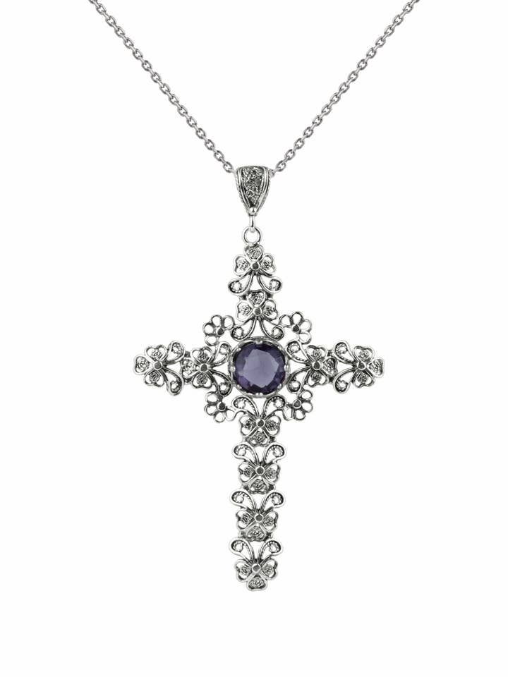 Sterling Silver Filigree Art Amethyst Gemstone Cross Design Women Pendant Necklace for wholesale by Filigranist Jewelry