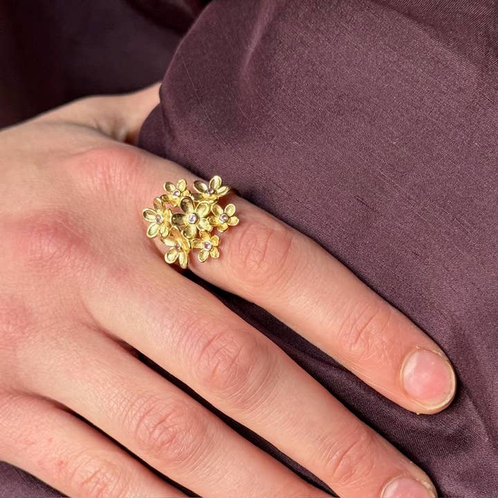 Bague fleurs plaqué or et tourmaline- Orfèvre pour la vente par Sophie Deschamps Bijoux