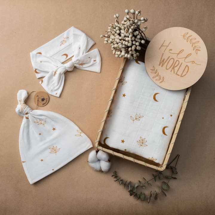 Miaoberry - Wholesale Swaddle Set - Baby - Miaoberry 100% Organic Cotton Baby Muslin Swaddle Blanket Set| Boho Moon in White6