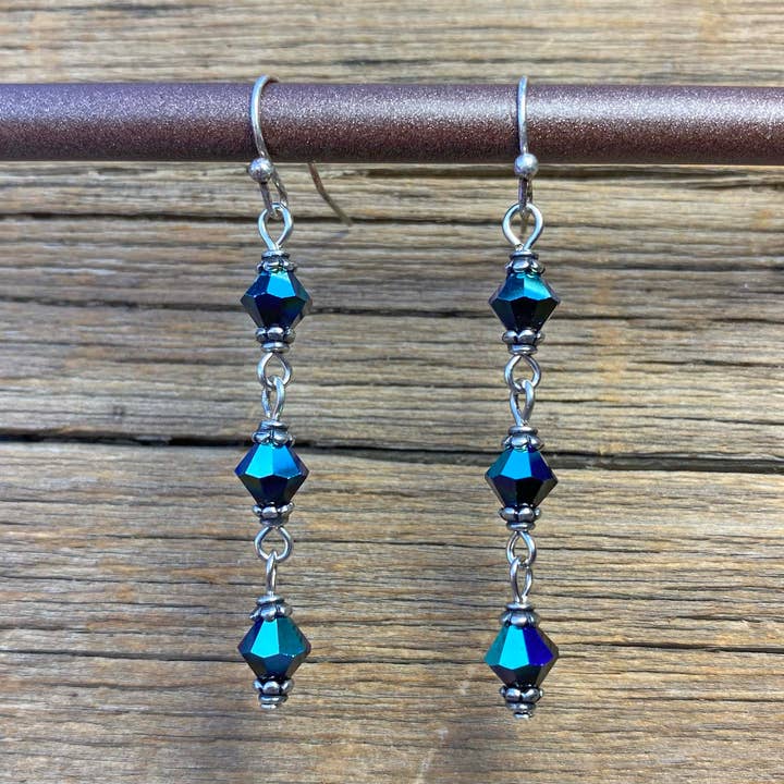 Blue Jazz Swing-y Triple Drop Crystal Earrings for wholesale by Cool Water Jewelry