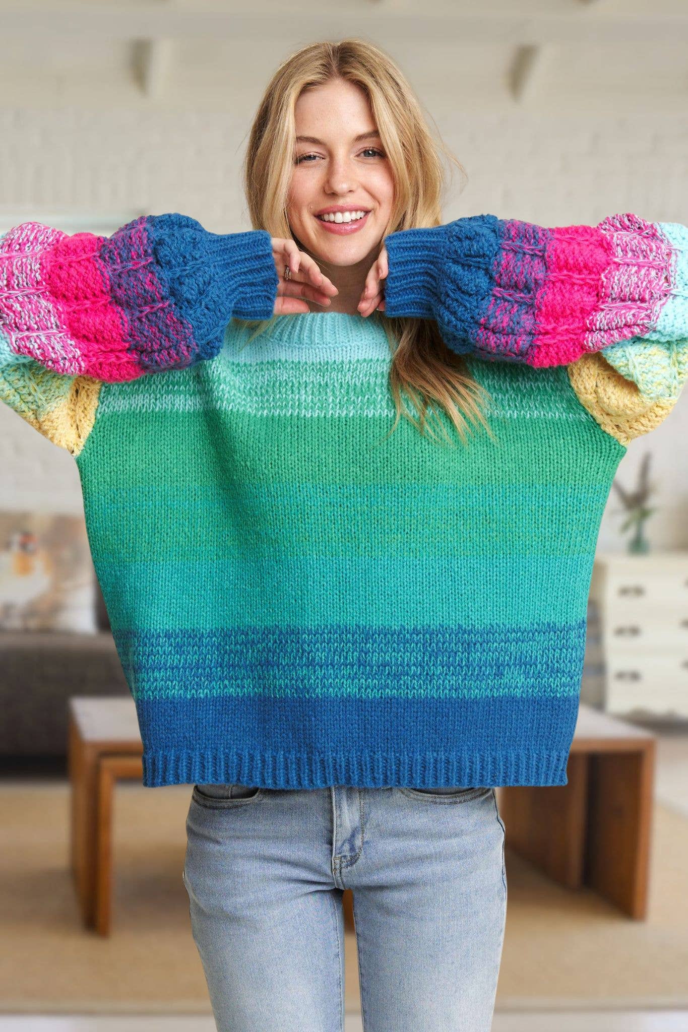 ADORA LA - Wholesale Knit Sweater - Women's - CESW3600 - PUFF SLEEVE OMBRE SWEATER TOP5