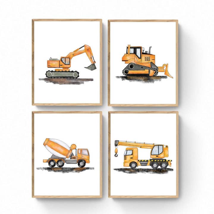 Ensemble de 4 impressions de véhicules de construction verticaux, art mural de construction, affiche pour chambre de garçon, grue, camion-citerne, excavatrice, bulldozer pour la vente par MerikaArt