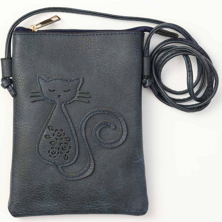 Black - Cat Laser Cut Cross Body Cell Phone Bag for wholesale by Shine Mark Accessories