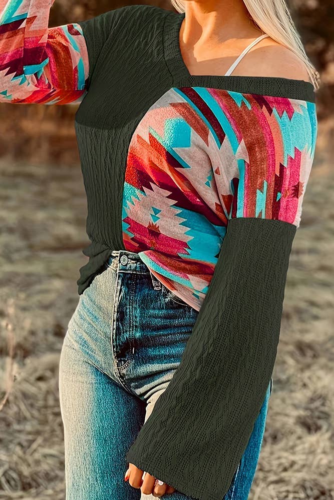 UNISHE – wholesale Knit top – Women's – Aztec Splicing Long Sleeves V Neck Western Knitting Top ZK10837