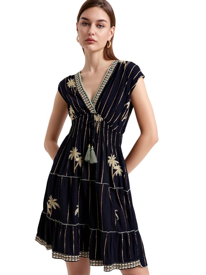 BR26137 SUNLIT TROPICS EMBROIDERED TIERED ONE SIZE MINI DRESS for wholesale by Becky Rose