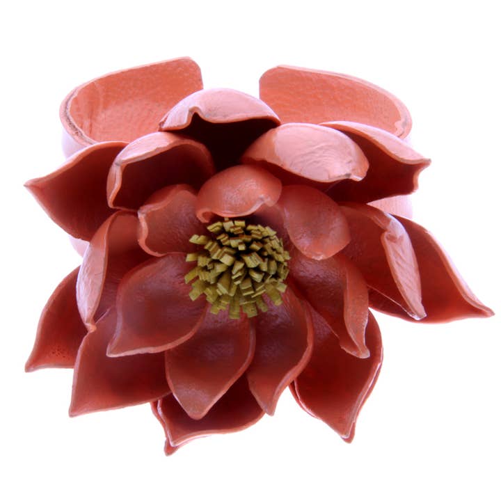 Leather Lotus flower cuff adjustable orange for wholesale by Erik & Mike