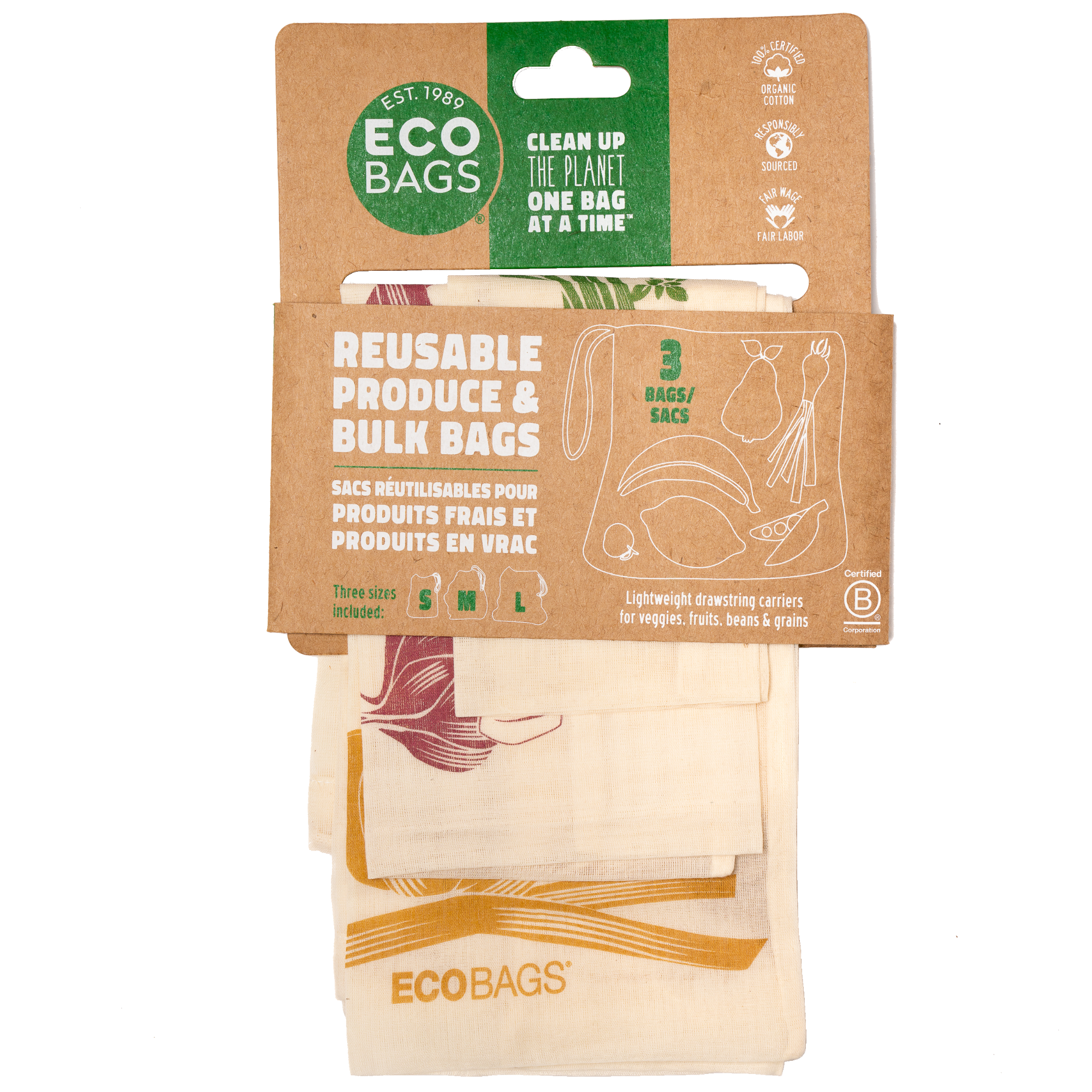 ECOBAGS - Wholesale Kruidenierswinkel/boodschappentas - Herbruikbare groentezakken van biologisch katoen met print - 3 stuks3