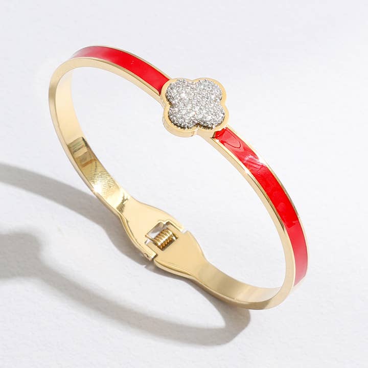 Fashion City - Wholesale Cuff Bracelet - CZ Pave Clover Colored Bangle Cuff Bracelet