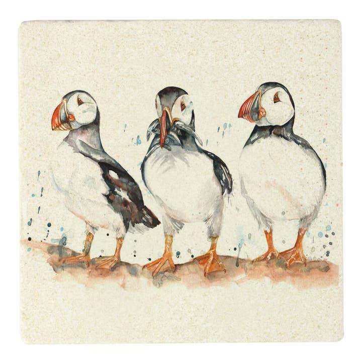 Meg Hawkins Puffin Trio Stone Coaster for wholesale by Nauticalia