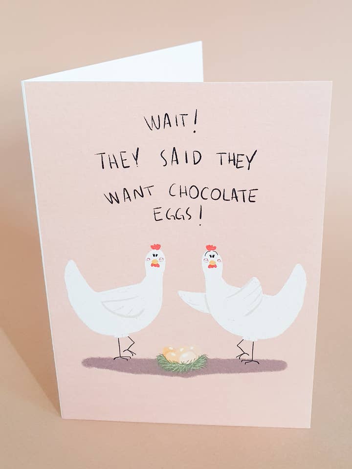 Wait!Chocolate Eggs! Easter Greeting Card for wholesale by Anna Obert Illustration