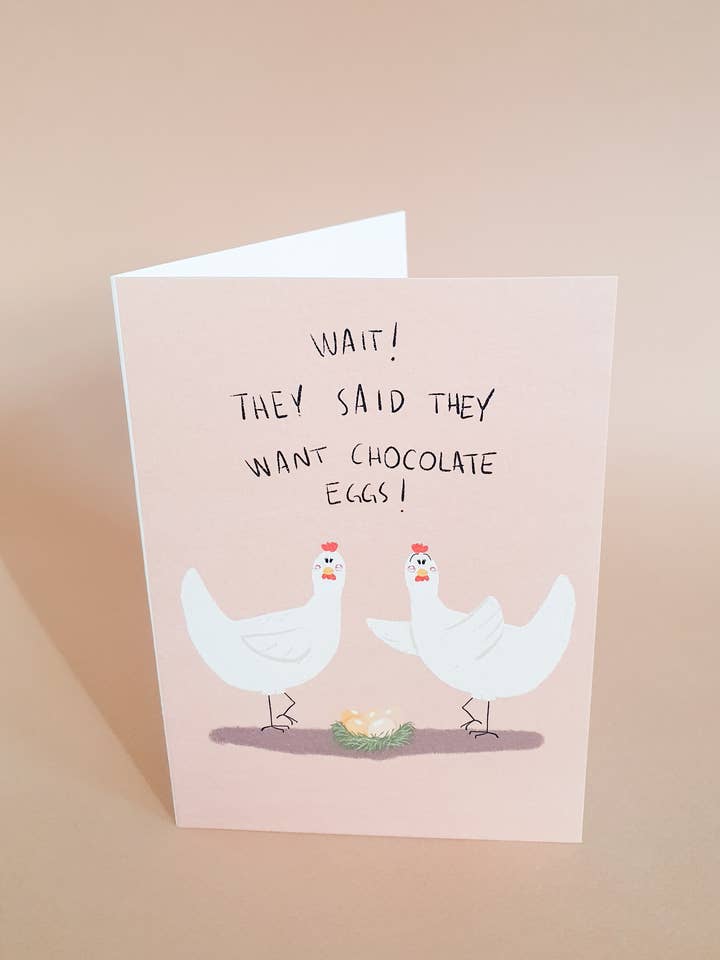 Wait!Chocolate Eggs! Easter Greeting Card for wholesale by Anna Obert Illustration